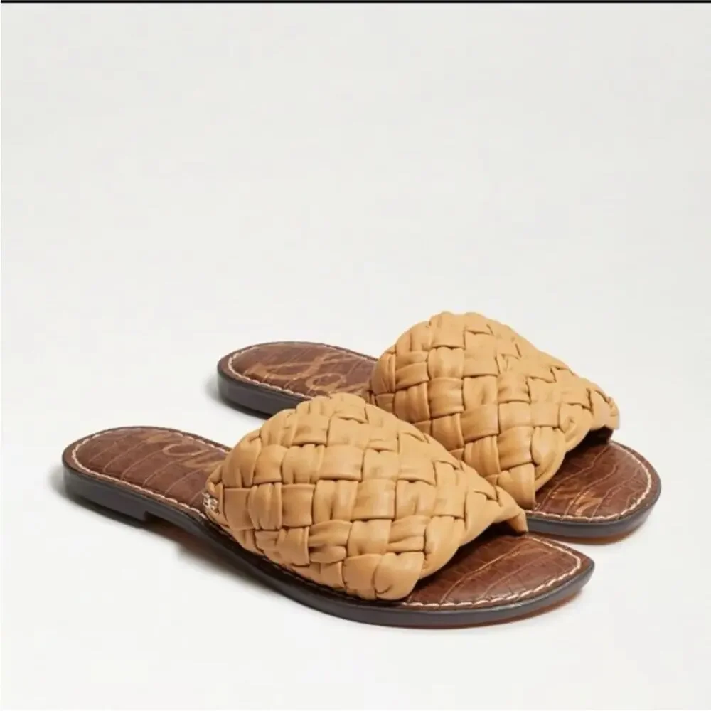 NEW Sam Edelman Griffin Tan Leather Woven Slide Sandals, Size 5, MSRP $126